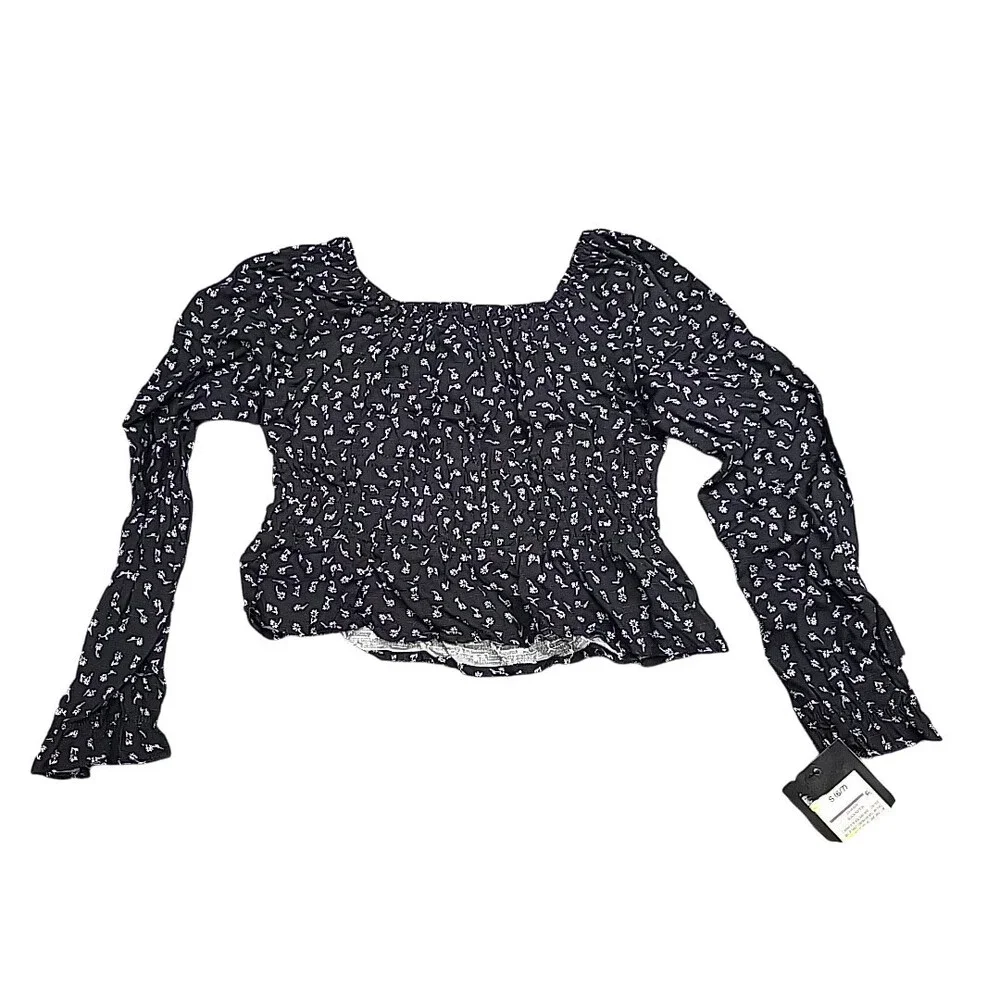 Girls' Long Sleeve Ruched Waist Blouse Top - art class Black Floral S